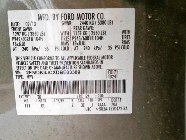 2FMDK3JCXDBE03389 - 2013 FORD EDGE SEL GRAY photo 10