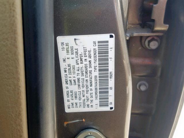 1HGCM56887A042059 - 2007 HONDA ACCORD EX GRAY photo 10