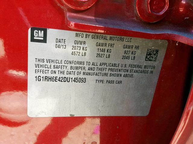 1G1RH6E42DU145093 - 2013 CHEVROLET VOLT RED photo 10