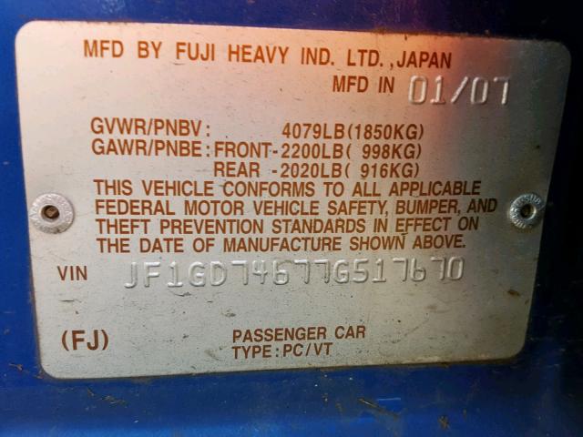 JF1GD74677G517670 - 2007 SUBARU IMPREZA WR BLUE photo 10