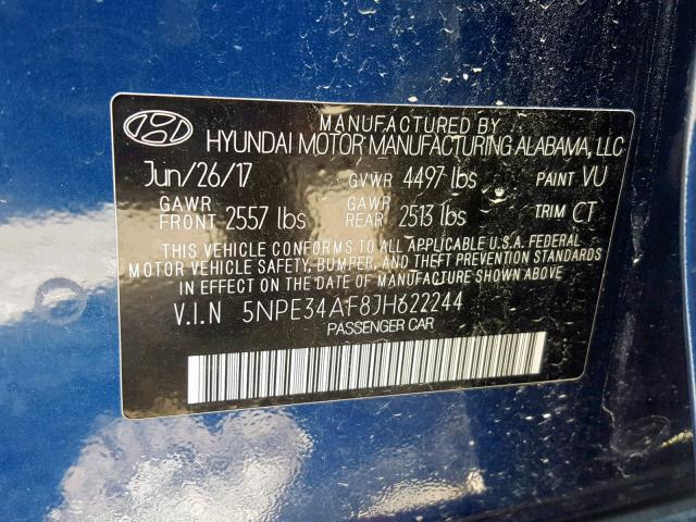 5NPE34AF8JH622244 - 2018 HYUNDAI SONATA SPO BLUE photo 10