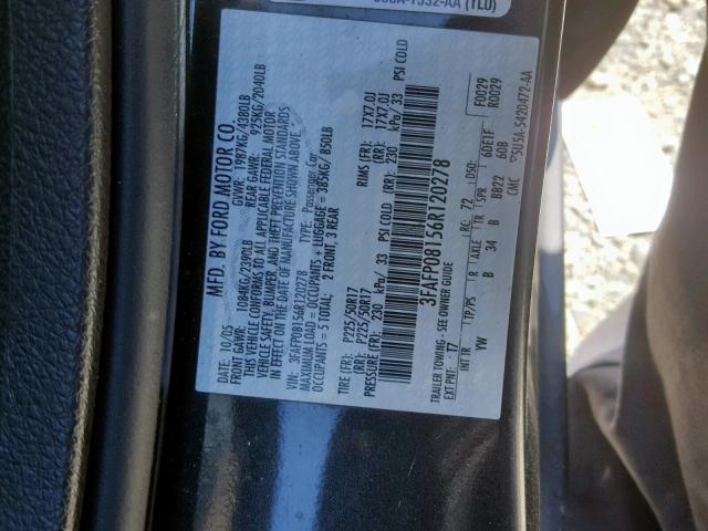 3FAFP08156R120278 - 2006 FORD FUSION SEL CHARCOAL photo 10