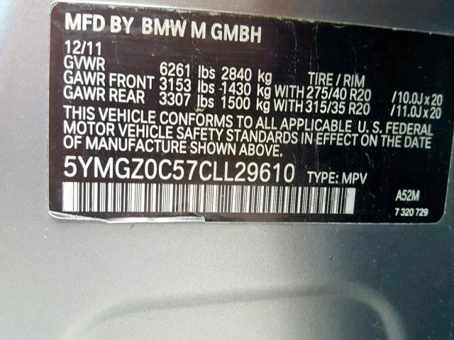 5YMGZ0C57CLL29610 - 2012 BMW X6 M GRAY photo 10