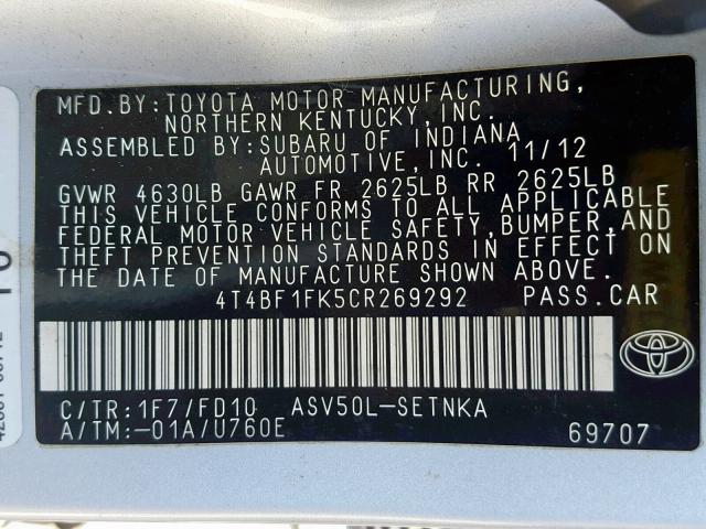4T4BF1FK5CR269292 - 2012 TOYOTA CAMRY BASE SILVER photo 10