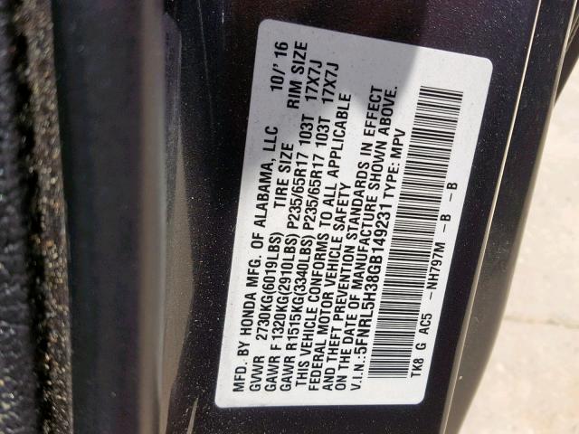 5FNRL5H38GB149231 - 2016 HONDA ODYSSEY SE GRAY photo 10