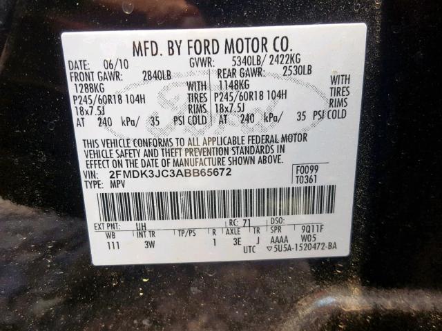 2FMDK3JC3ABB65672 - 2010 FORD EDGE SEL BLACK photo 10