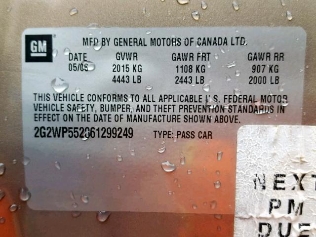 2G2WP552861299249 - 2006 PONTIAC GRAND PRIX GOLD photo 10