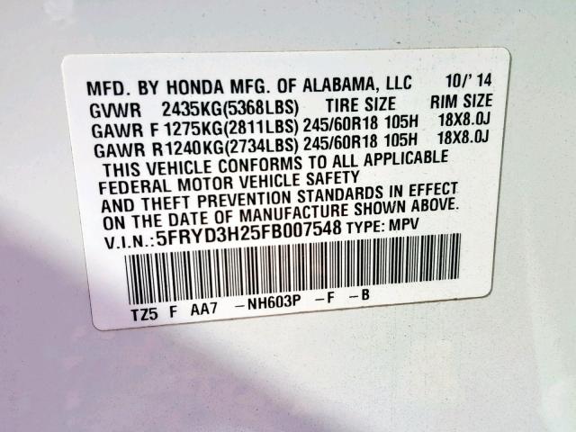 5FRYD3H25FB007548 - 2015 ACURA MDX WHITE photo 10