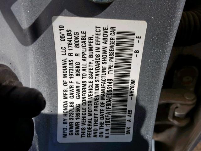 19XFA1F90AE065149 - 2010 HONDA CIVIC EXL SILVER photo 10