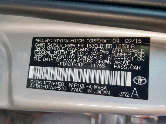 JTDKDTB30F1111768 - 2015 TOYOTA PRIUS C SILVER photo 10