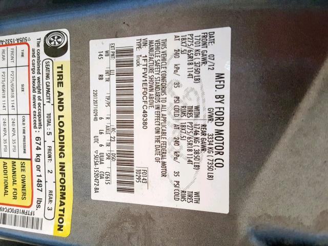 1FTFW1EF0CFC49380 - 2012 FORD F150 SUPER GRAY photo 10