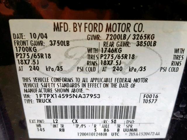 1FTPX14595NA37953 - 2005 FORD F150 BLUE photo 10