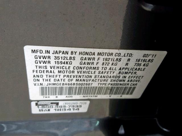 JHMGE8H66BS002607 - 2011 HONDA FIT SPORT 灰色 照片 10