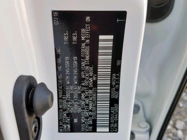 5TDDZRFH3JS896723 - 2018 TOYOTA HIGHLANDER WHITE photo 10