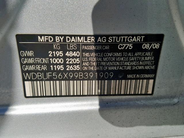 WDBUF56X99B391909 - 2009 MERCEDES-BENZ E 350 SILVER photo 10