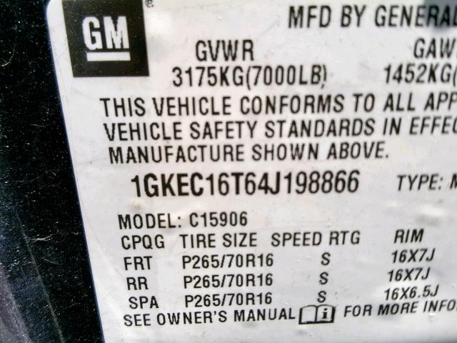 1GKEC16T64J198866 - 2004 GMC YUKON XL C GRAY photo 10