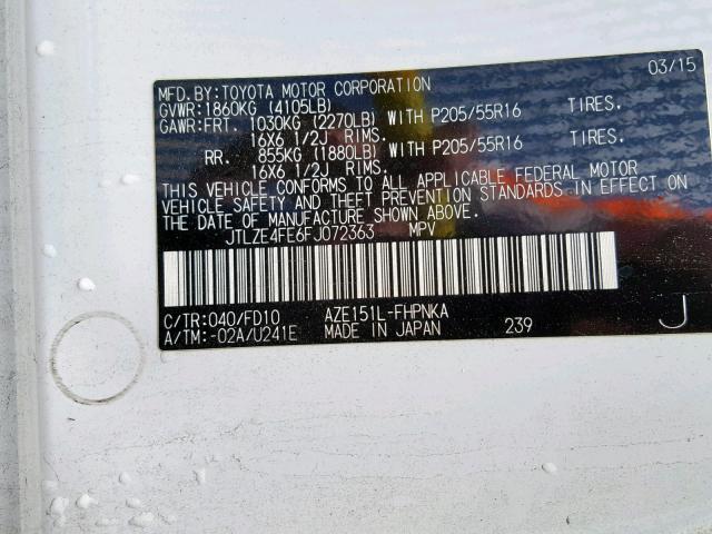 JTLZE4FE6FJ072363 - 2015 TOYOTA SCION XB 白色 照片 10