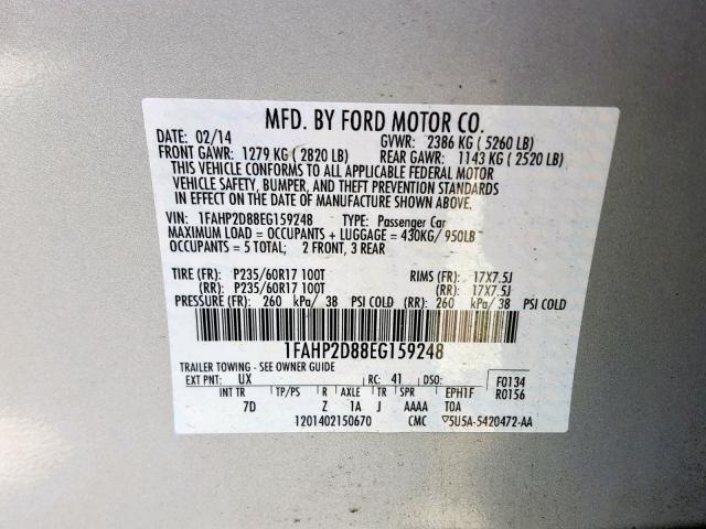 1FAHP2D88EG159248 - 2014 FORD TAURUS SE SILVER photo 10