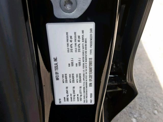 5YJ3E1EA6KF398518 - 2019 TESLA MODEL 3 BLACK photo 10