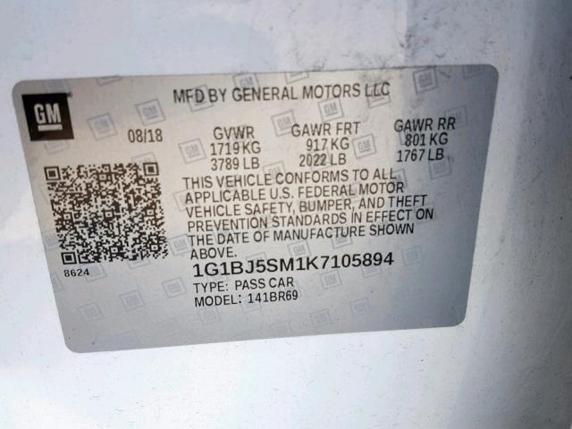 1G1BJ5SM1K7105894 - 2019 CHEVROLET CRUZE WHITE photo 10