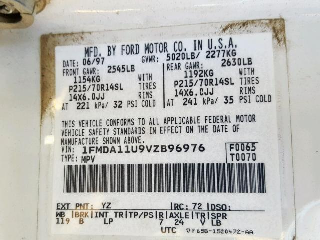 1FMDA11U9VZB96976 - 1997 FORD AEROSTAR WHITE photo 10