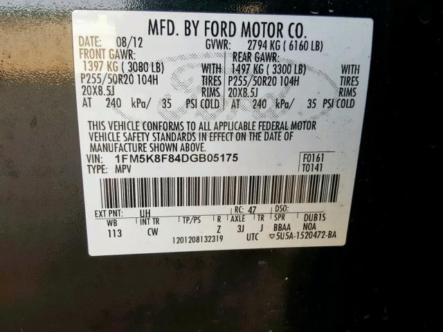 1FM5K8F84DGB05175 - 2013 FORD EXPLORER L BLACK photo 10