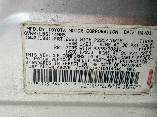 JTEGF21A710014040 - 2001 TOYOTA HIGHLANDER SILVER photo 10