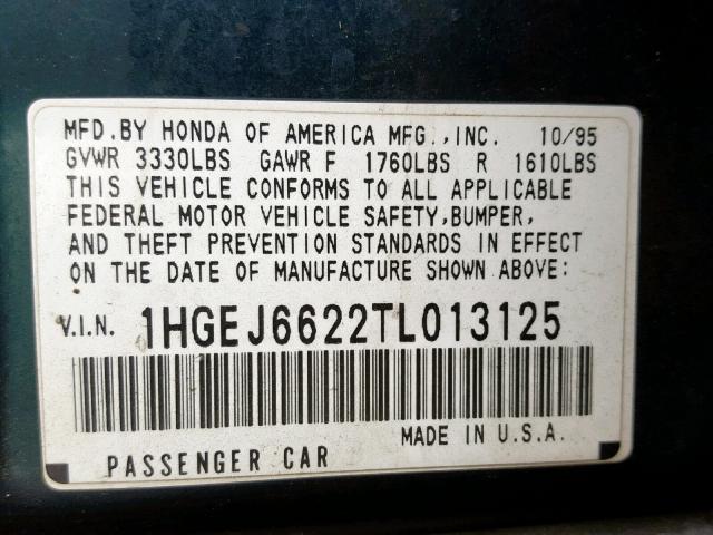 1HGEJ6622TL013125 - 1996 HONDA CIVIC DX GREEN photo 10