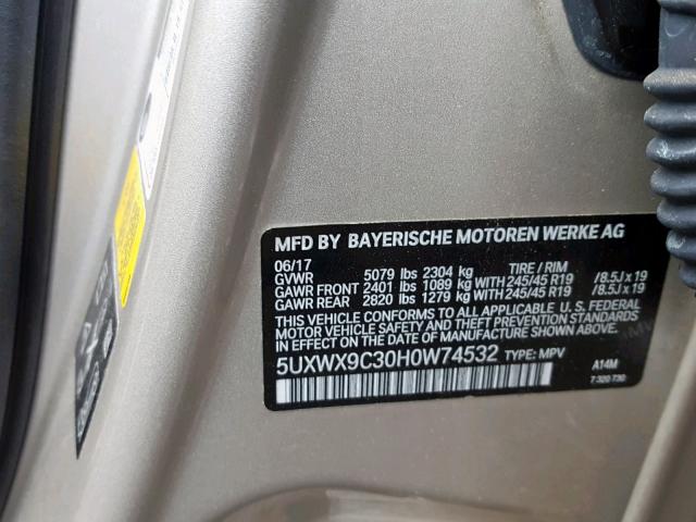 5UXWX9C30H0W74532 - 2017 BMW X3 XDRIVE2 SILVER photo 10