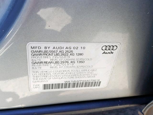 WA1VKAFP4AA079818 - 2010 AUDI Q5 PRESTIG GRAY photo 10