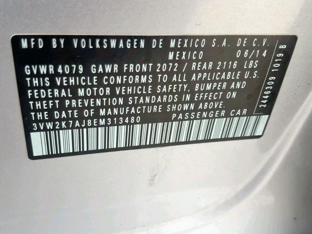 3VW2K7AJ8EM313480 - 2014 VOLKSWAGEN JETTA BASE SILVER photo 10