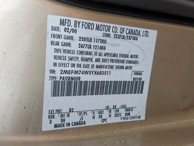 2MEFM74W5YX683511 - 2000 MERCURY GRAND MARQ GOLD photo 10