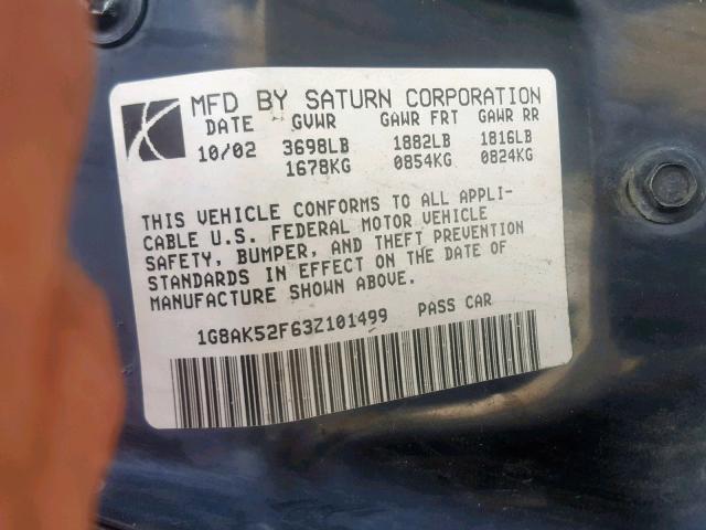 1G8AK52F63Z101499 - 2003 SATURN ION LEVEL BLACK photo 10