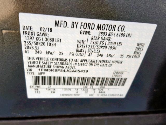 1FM5K8F84JGA85439 - 2018 FORD EXPLORER L GRAY photo 10