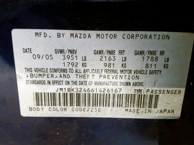 JM1BK324661426167 - 2006 MAZDA 3 S BLUE photo 10