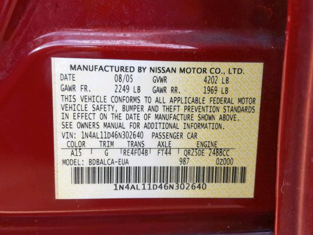 1N4AL11D46N302640 - 2006 NISSAN ALTIMA S RED photo 10