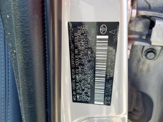 JTDKDTB35C1031412 - 2012 TOYOTA PRIUS C SILVER photo 10