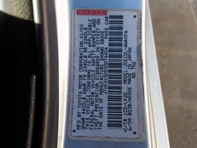 JTHED192830074404 - 2003 LEXUS IS 300 SPO SILVER photo 10