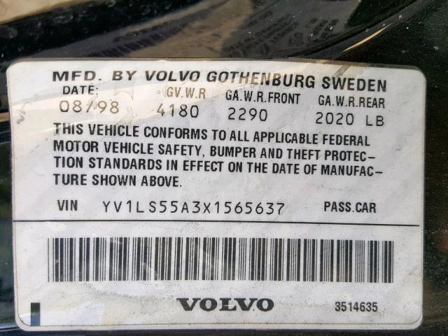 YV1LS55A3X1565637 - 1999 VOLVO S70 BLACK photo 10