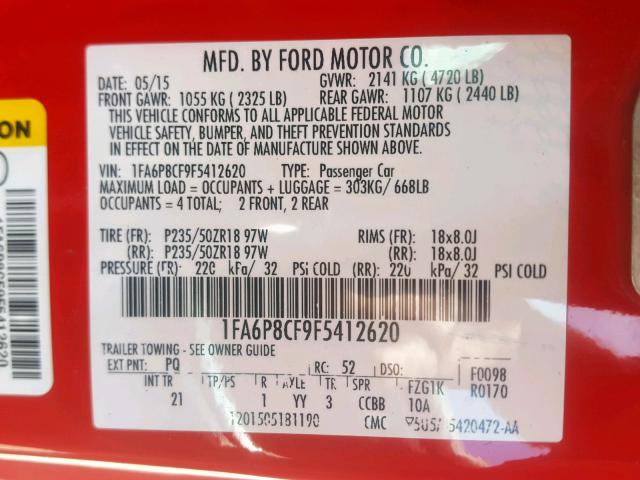 1FA6P8CF9F5412620 - 2015 FORD MUSTANG GT RED photo 10