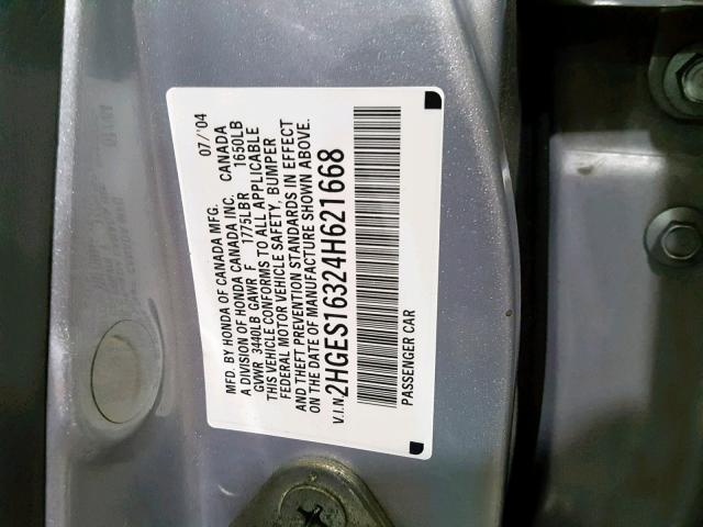 2HGES16324H621668 - 2004 HONDA CIVIC DX V SILVER photo 10