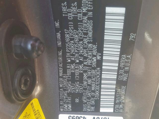 5TDKK3DC1CS243634 - 2012 TOYOTA SIENNA LE GRAY photo 10