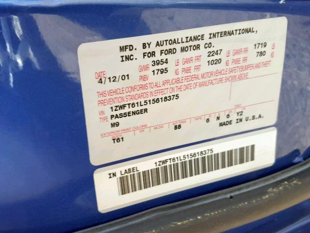 1ZWFT61L515618375 - 2001 MERCURY COUGAR V6 BLUE photo 10