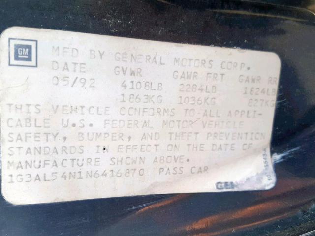 1G3AL54N1N6416870 - 1992 OLDSMOBILE CUTLASS CI 蓝色 照片 10