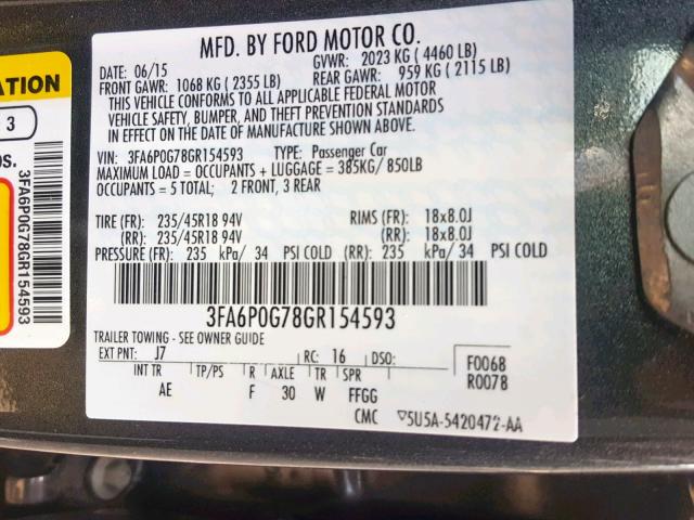 3FA6P0G78GR154593 - 2016 FORD FUSION S GRAY photo 10