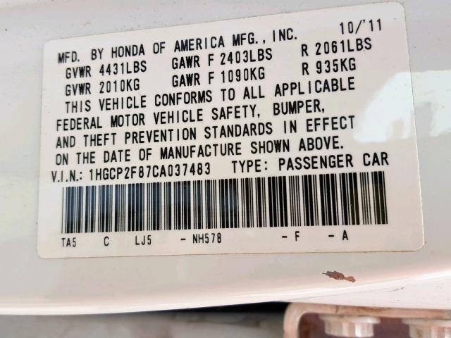 1HGCP2F87CA037483 - 2012 HONDA ACCORD EXL WHITE photo 10