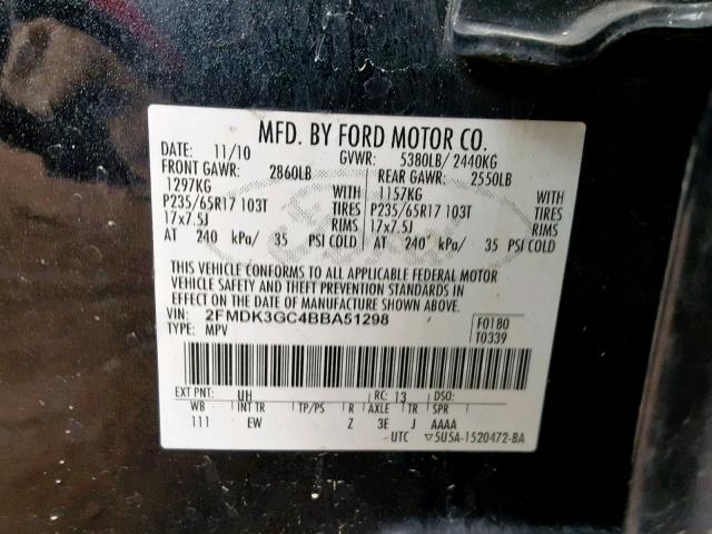 2FMDK3GC4BBA51298 - 2011 FORD EDGE SE BLACK photo 10