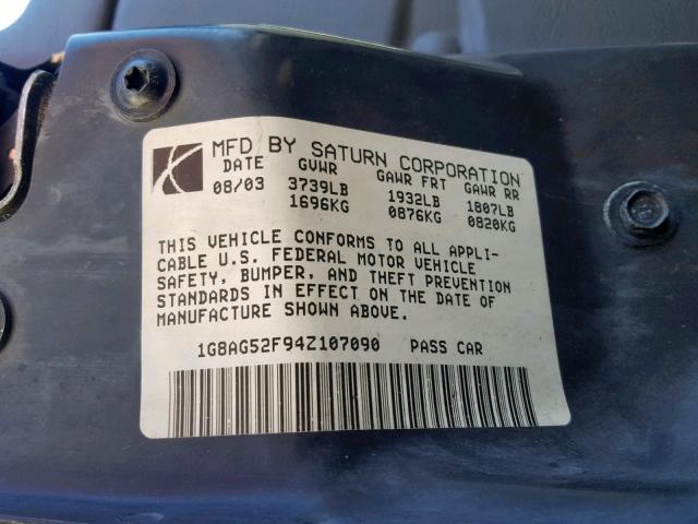 1G8AG52F94Z107090 - 2004 SATURN ION LEVEL WHITE photo 10