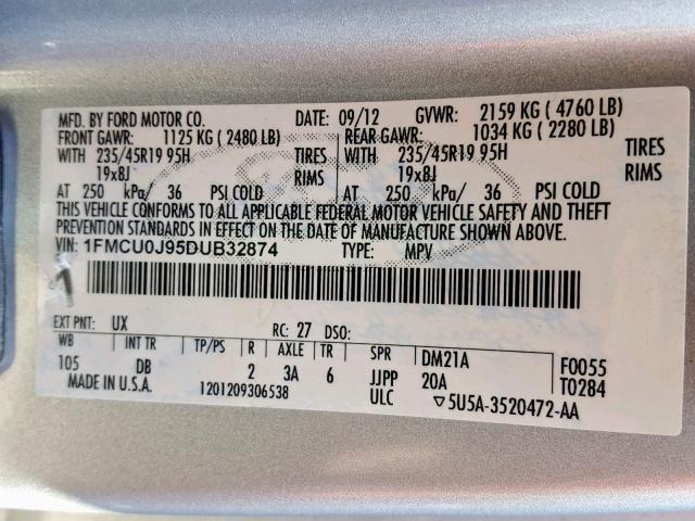 1FMCU0J95DUB32874 - 2013 FORD ESCAPE TIT SILVER photo 10