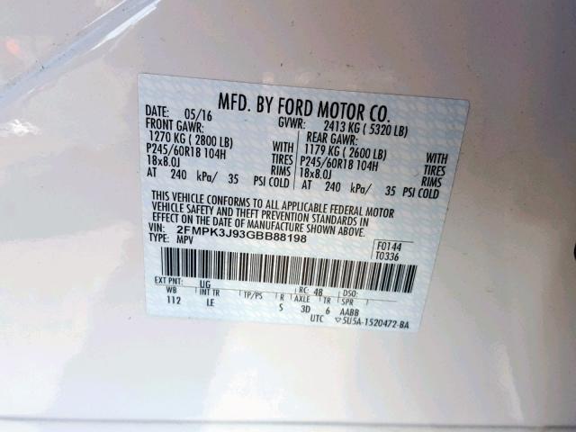 2FMPK3J93GBB88198 - 2016 FORD EDGE SEL WHITE photo 10